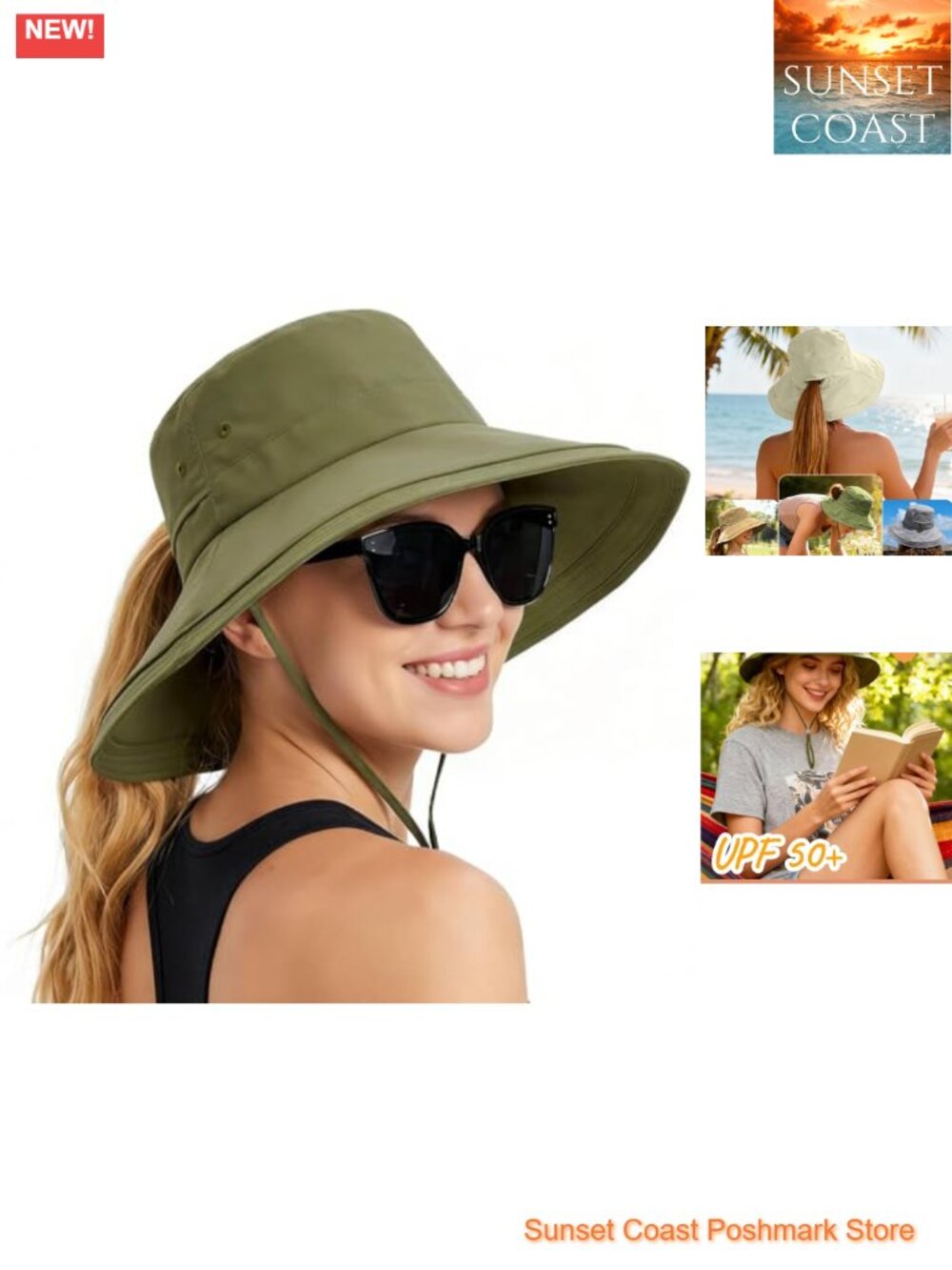 Women UPF 50+ Wide Brim Bucket Sun Hat with Ponytail Hole